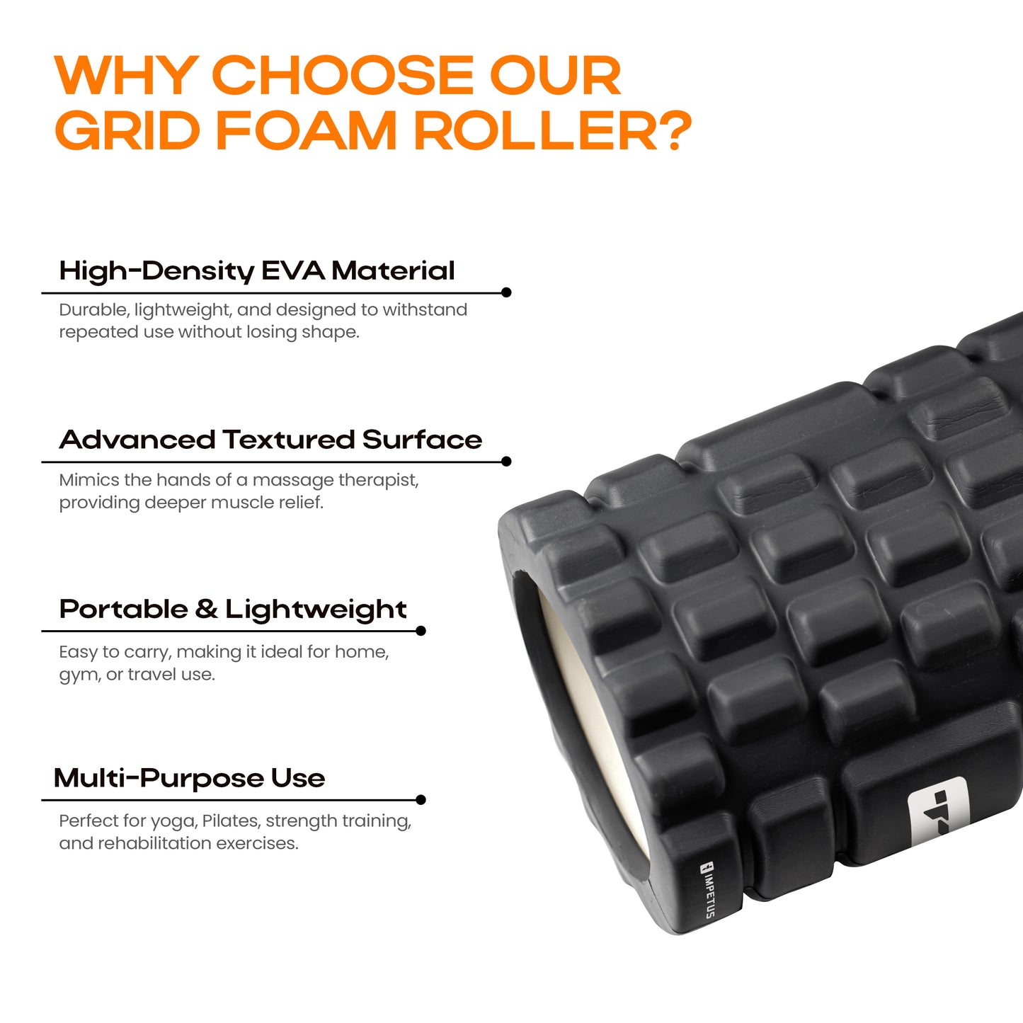 IMPETUS Grid Foam Roller | Unisex | Black | 33cm