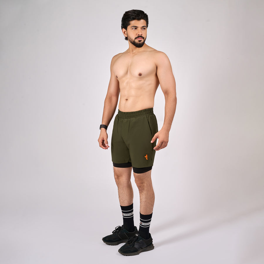 2 in 1 Core Runner Shorts - Olive Green