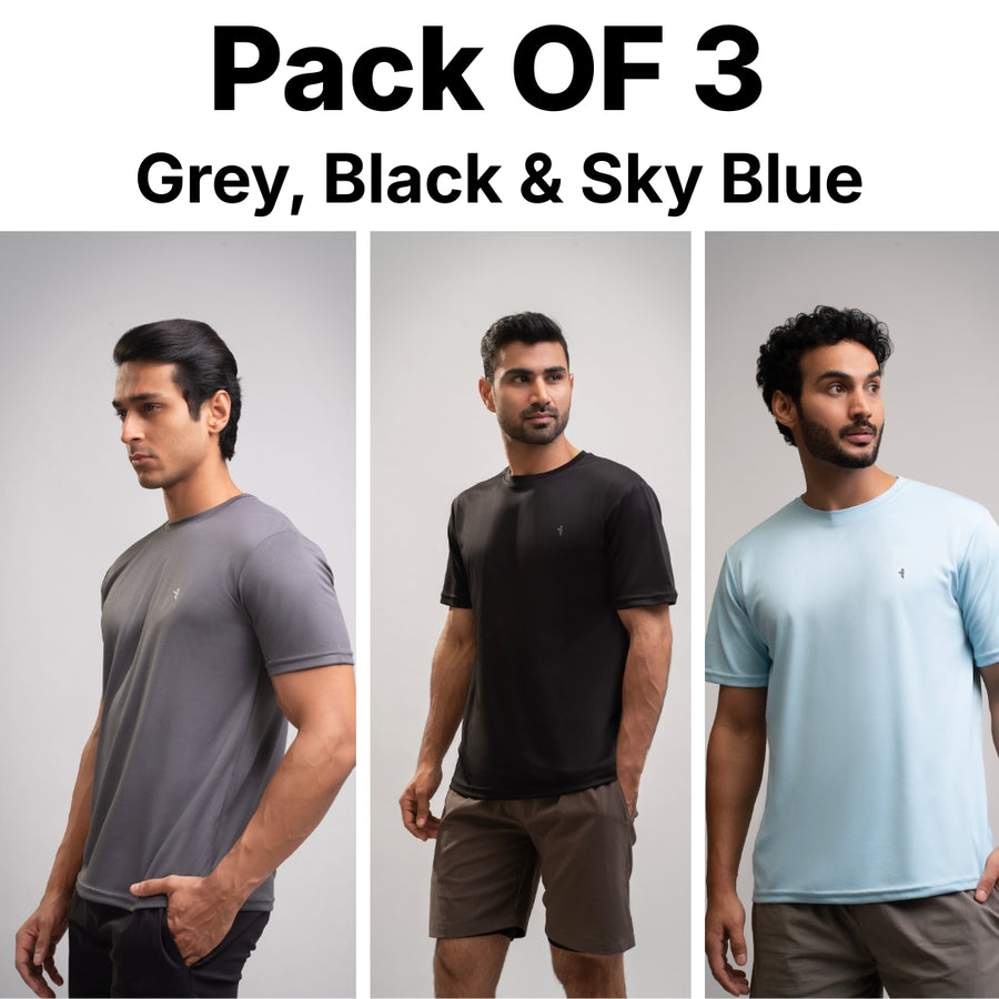 Dot Knit Round Neck T-Shirt - Grey, Black & Sky Blue