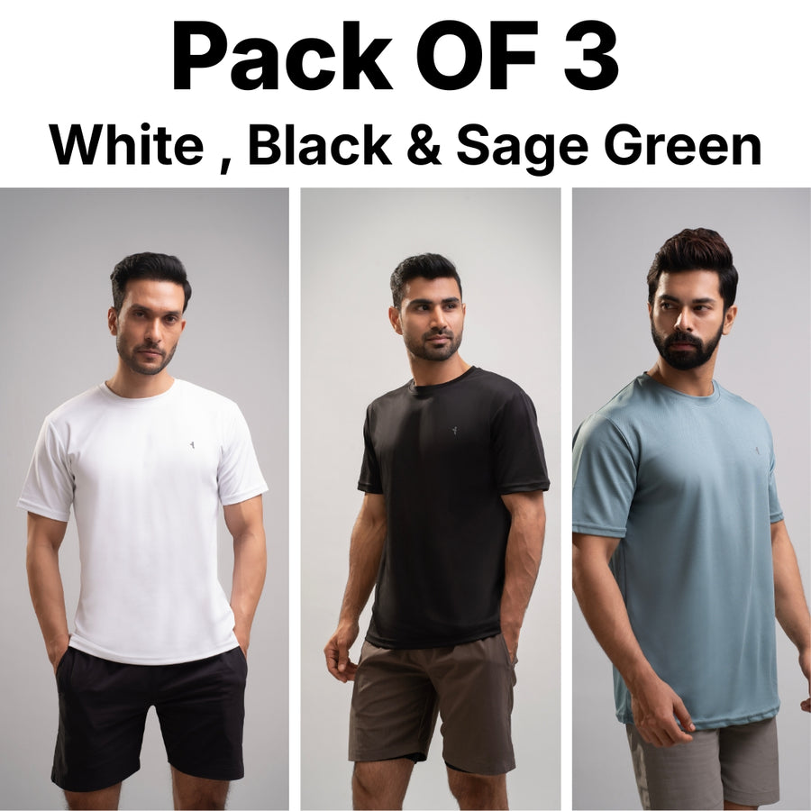 Dot Knit Round Neck T-Shirt - White, Black & Sage Green