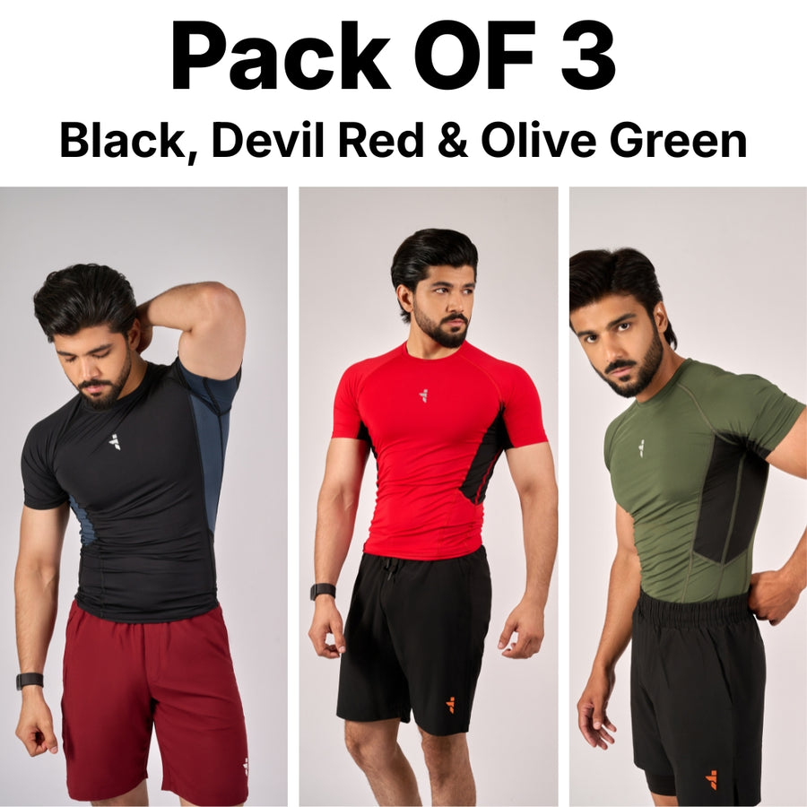 Tactical Compression Tee - Black , Devil Red & Olive Green